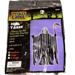 Vtg Totally Ghoul Soul Taker Costume Mask Hooded Robe Youth M Halloween Creepy